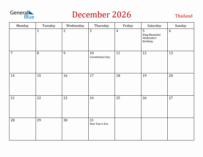 Thailand December 2026 Calendar - Monday Start