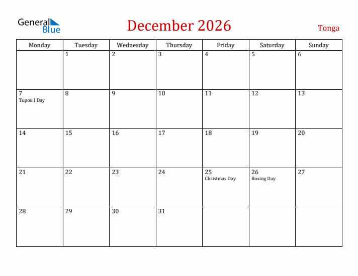 Tonga December 2026 Calendar - Monday Start