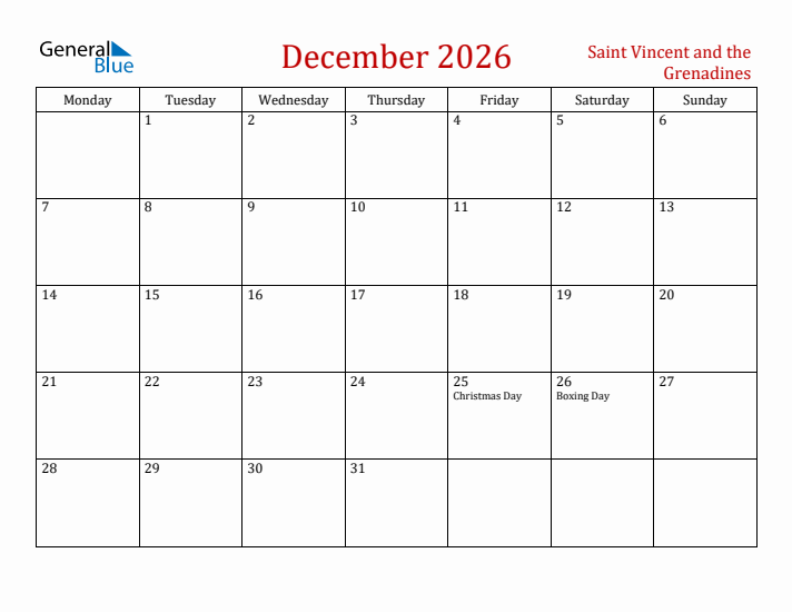 Saint Vincent and the Grenadines December 2026 Calendar - Monday Start