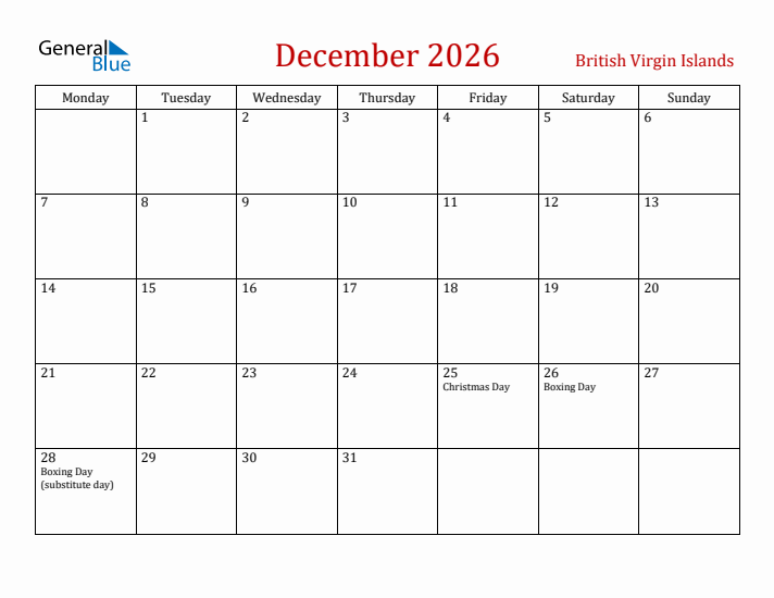 British Virgin Islands December 2026 Calendar - Monday Start