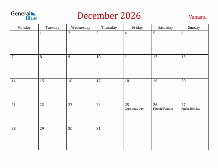 Vanuatu December 2026 Calendar - Monday Start