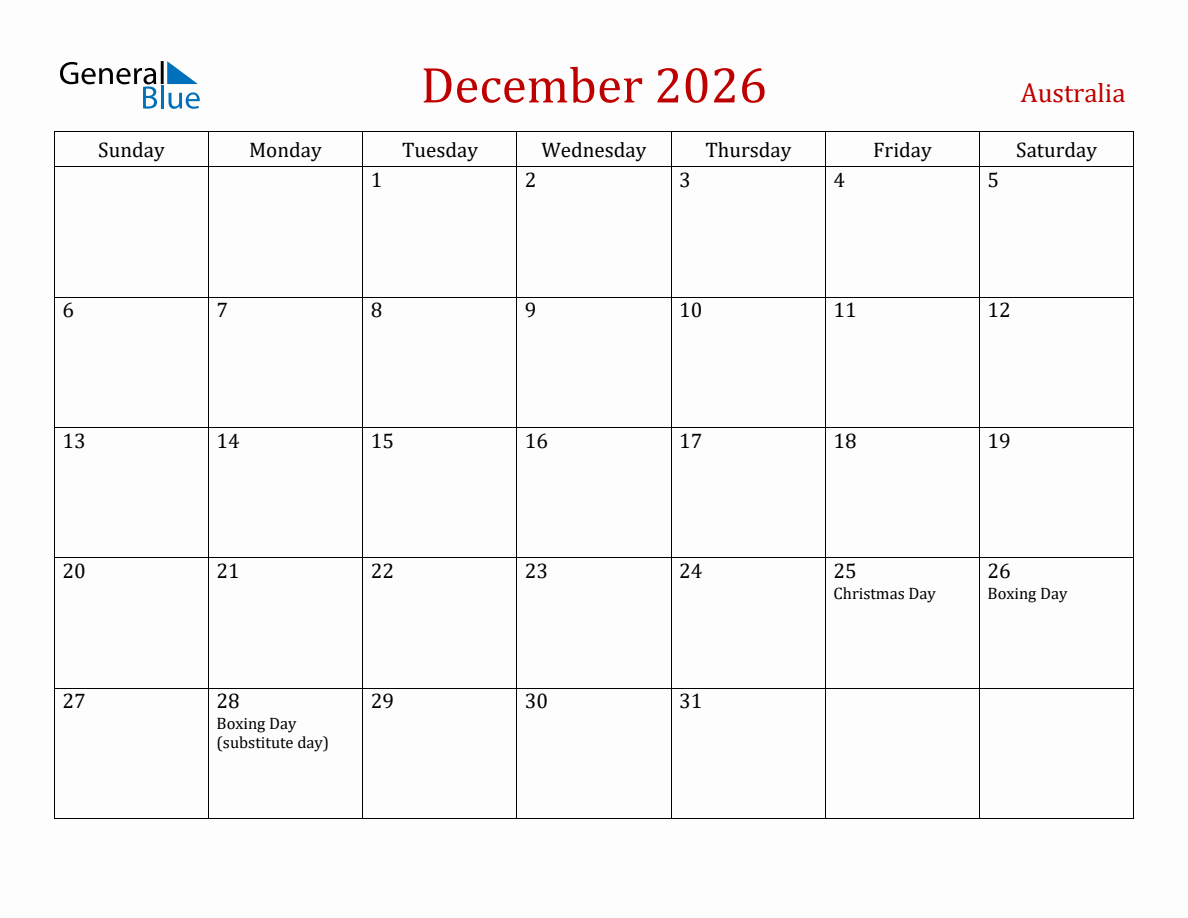 December 2026 Australia Monthly Calendar with Holidays