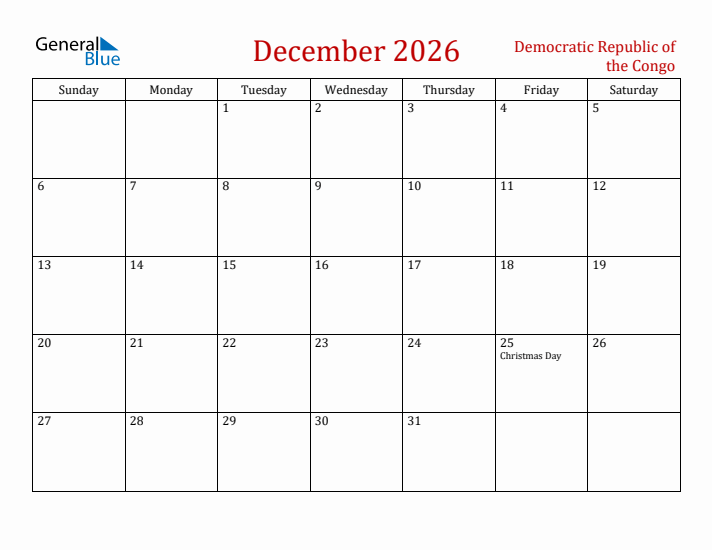 Democratic Republic of the Congo December 2026 Calendar - Sunday Start
