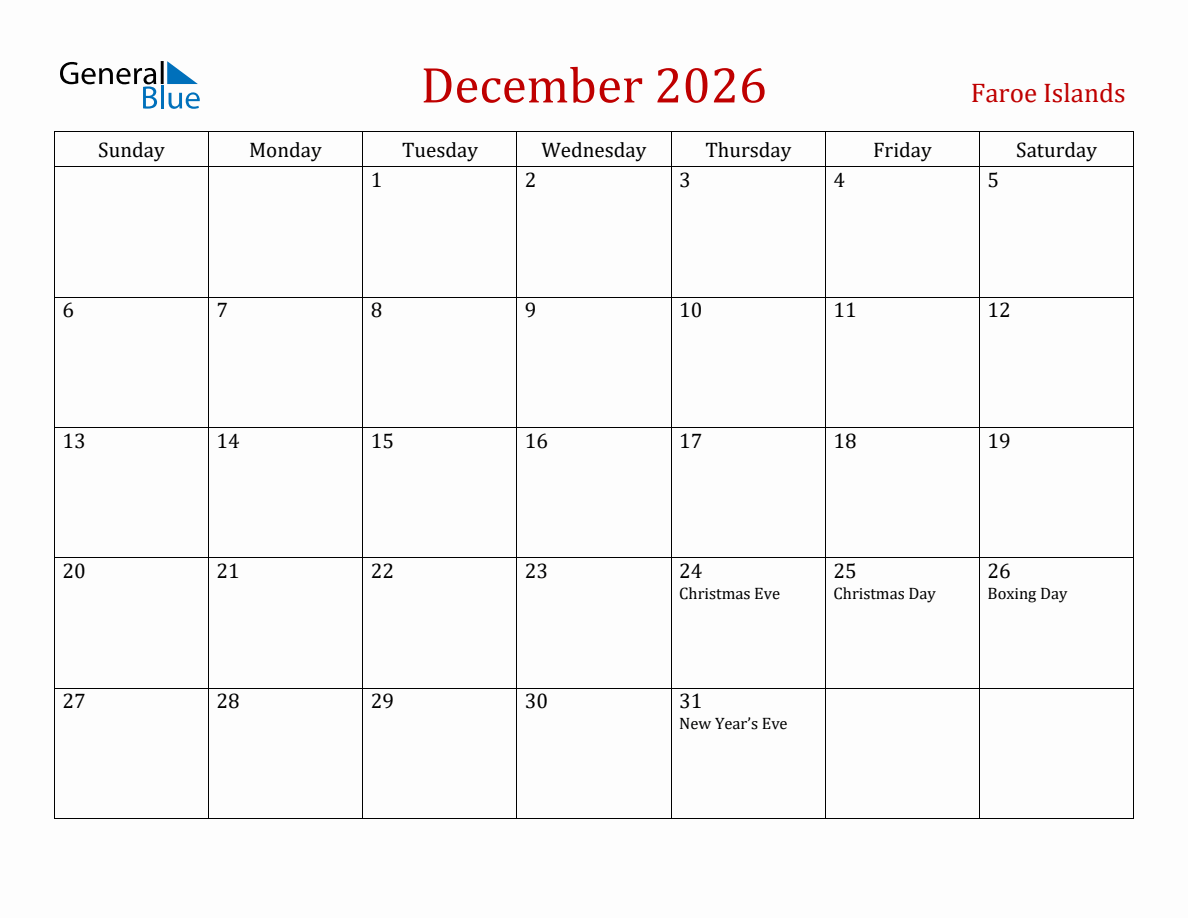 December 2026 Faroe Islands Monthly Calendar with Holidays