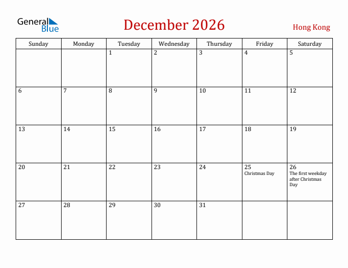 Hong Kong December 2026 Calendar - Sunday Start