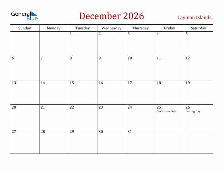 Cayman Islands December 2026 Calendar - Sunday Start