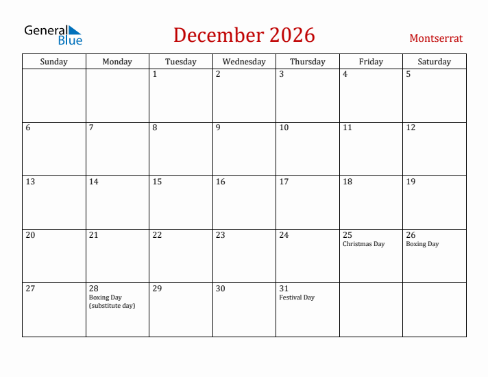 Montserrat December 2026 Calendar - Sunday Start
