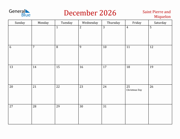 Saint Pierre and Miquelon December 2026 Calendar - Sunday Start