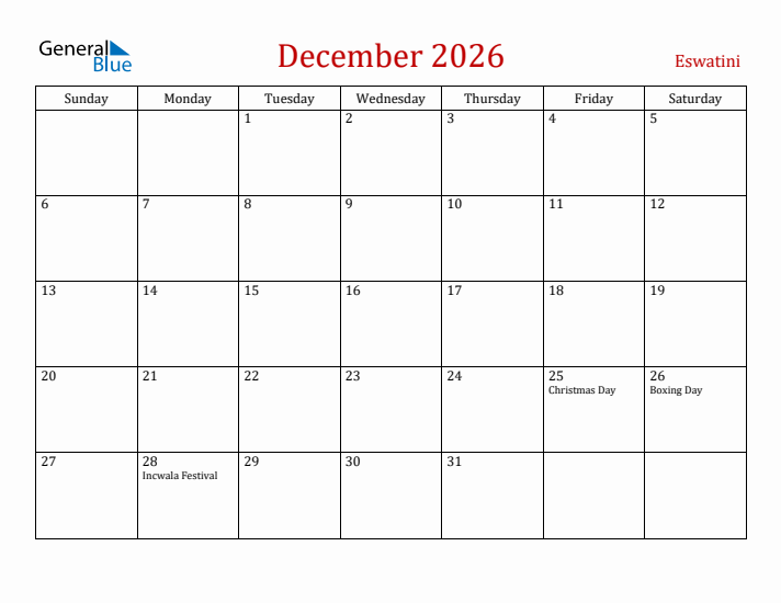 Eswatini December 2026 Calendar - Sunday Start