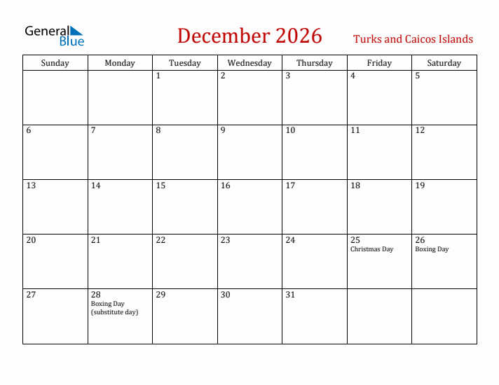 Turks and Caicos Islands December 2026 Calendar - Sunday Start