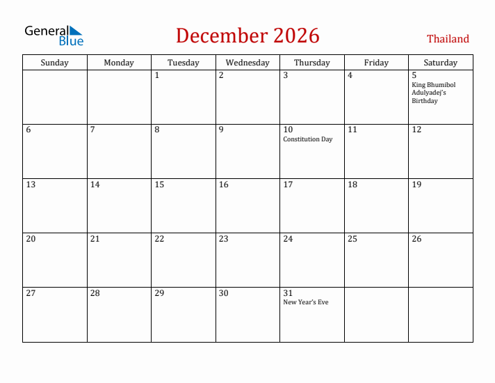 Thailand December 2026 Calendar - Sunday Start