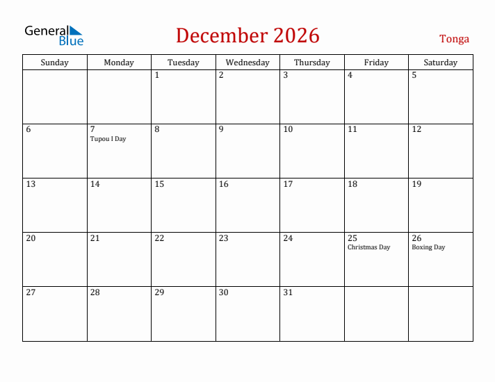Tonga December 2026 Calendar - Sunday Start