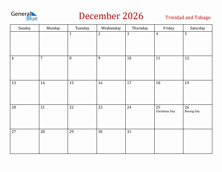 Trinidad and Tobago December 2026 Calendar - Sunday Start