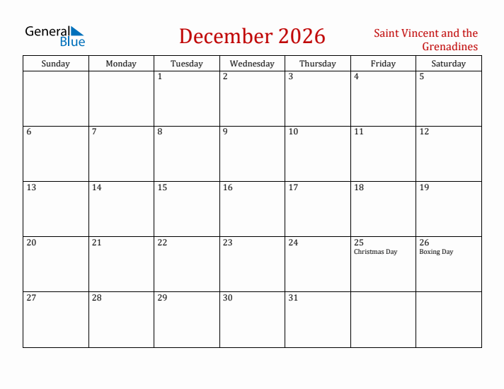 Saint Vincent and the Grenadines December 2026 Calendar - Sunday Start