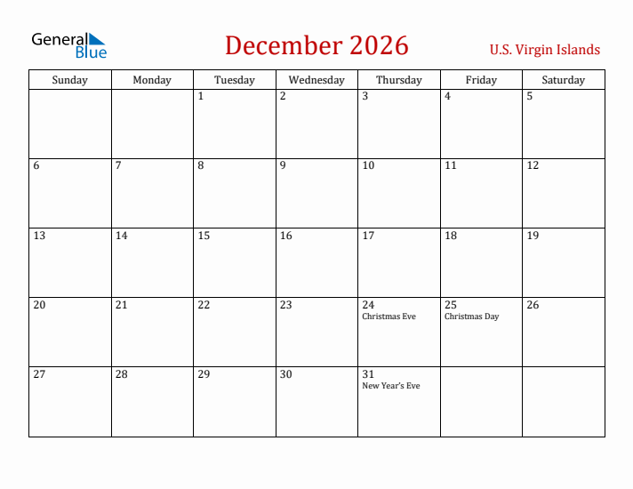 U.S. Virgin Islands December 2026 Calendar - Sunday Start