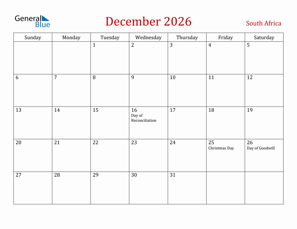 December 2026 South Africa Monthly Calendar with Holidays