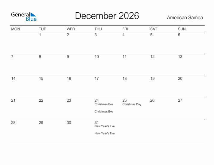 Printable December 2026 Calendar for American Samoa