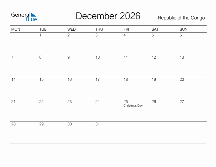 Printable December 2026 Calendar for Republic of the Congo