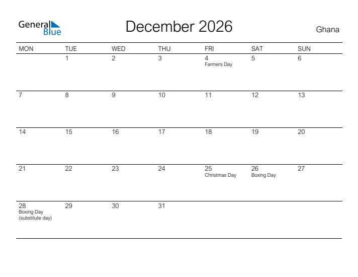 Printable December 2026 Calendar for Ghana