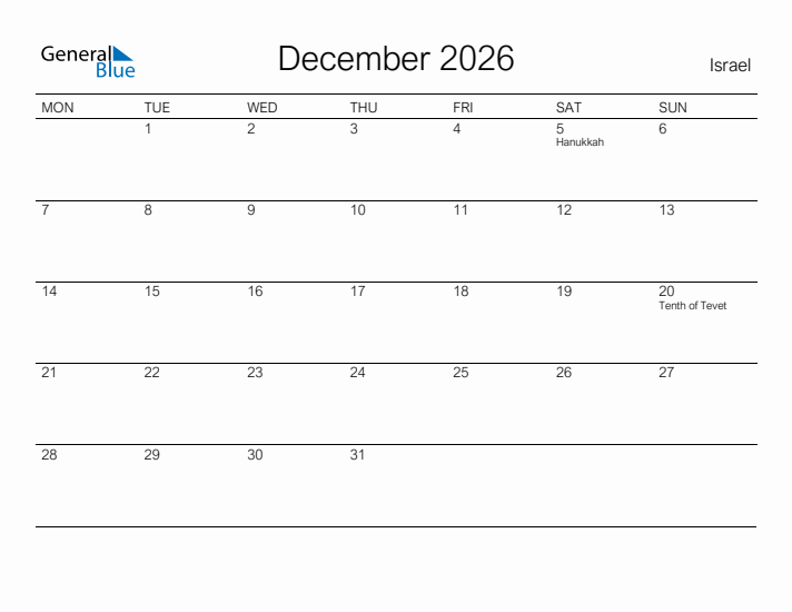 Printable December 2026 Calendar for Israel