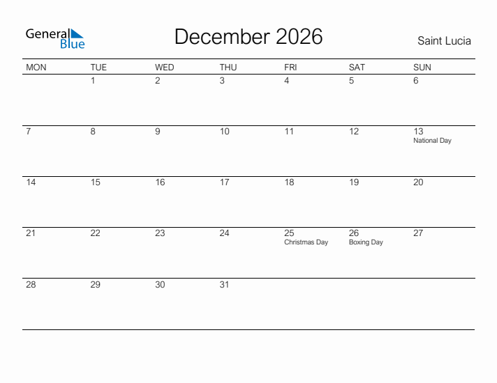 Printable December 2026 Calendar for Saint Lucia