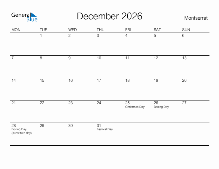 Printable December 2026 Calendar for Montserrat
