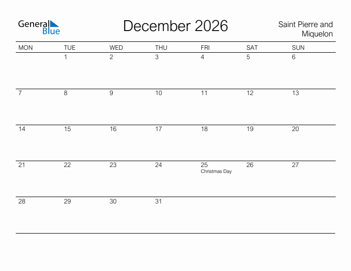Printable December 2026 Calendar for Saint Pierre and Miquelon