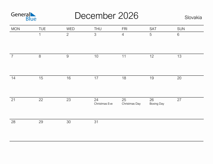Printable December 2026 Calendar for Slovakia