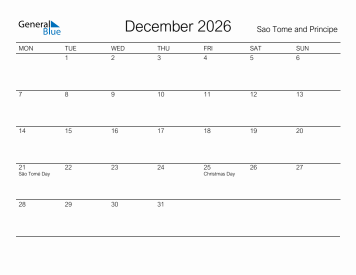 Printable December 2026 Calendar for Sao Tome and Principe