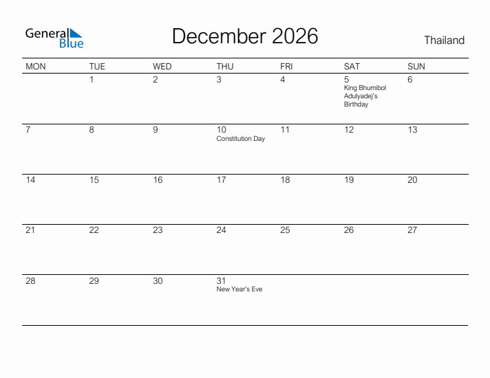 Printable December 2026 Calendar for Thailand