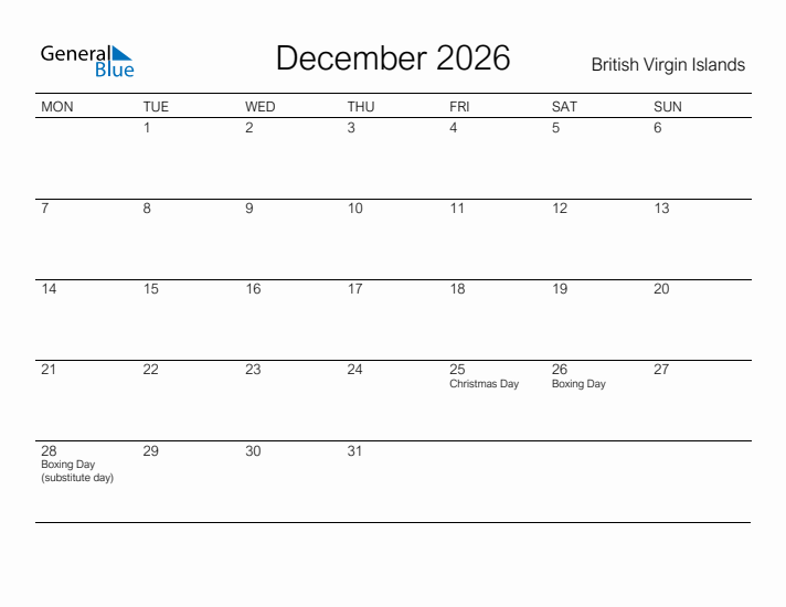 Printable December 2026 Calendar for British Virgin Islands