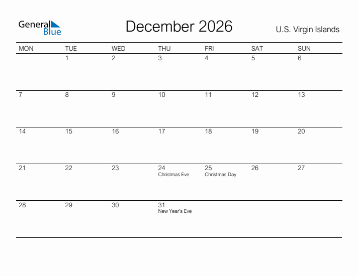 Printable December 2026 Calendar for U.S. Virgin Islands
