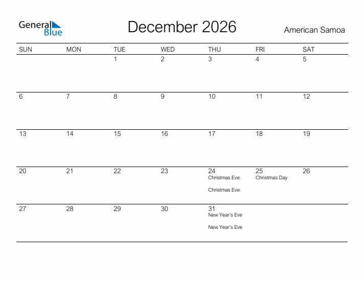 Printable December 2026 Calendar for American Samoa