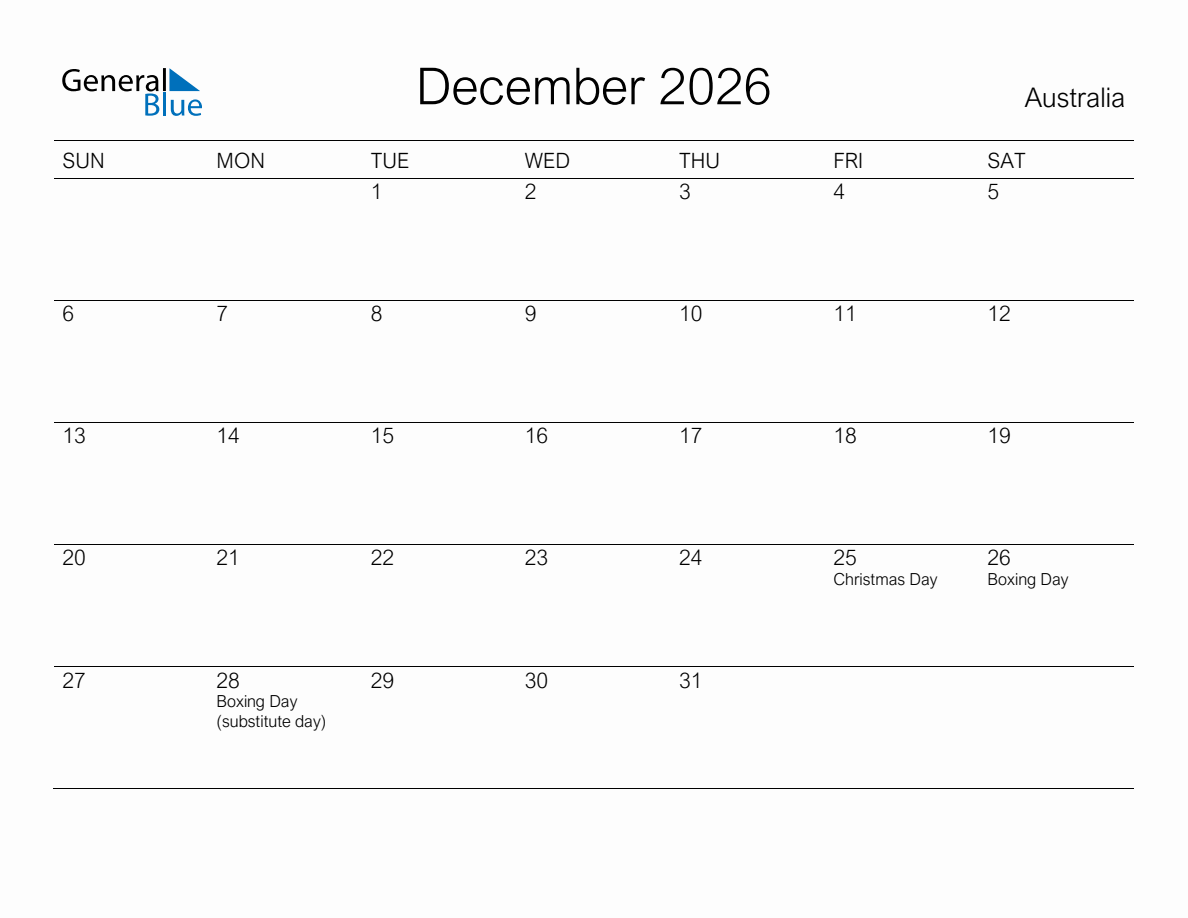 Printable December 2026 Monthly Calendar with Holidays for Australia