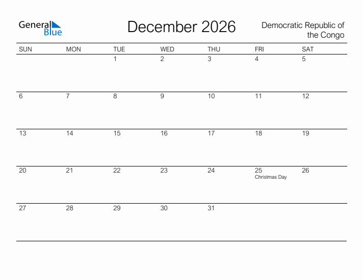 Printable December 2026 Calendar for Democratic Republic of the Congo