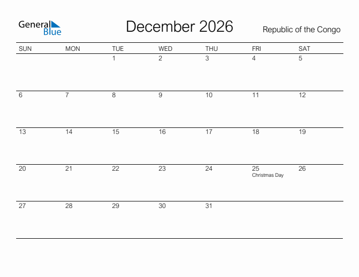 Printable December 2026 Calendar for Republic of the Congo