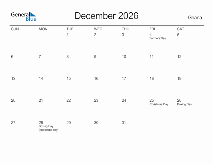 Printable December 2026 Calendar for Ghana