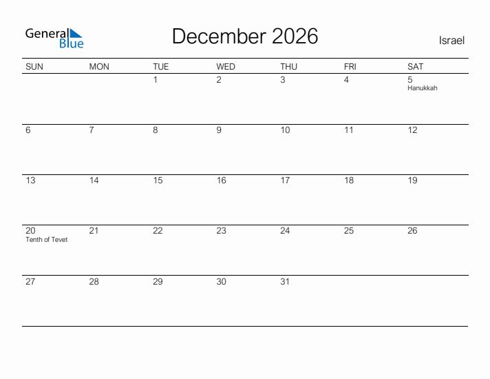 Printable December 2026 Calendar for Israel