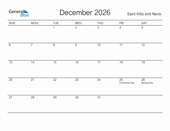 Printable December 2026 Calendar for Saint Kitts and Nevis