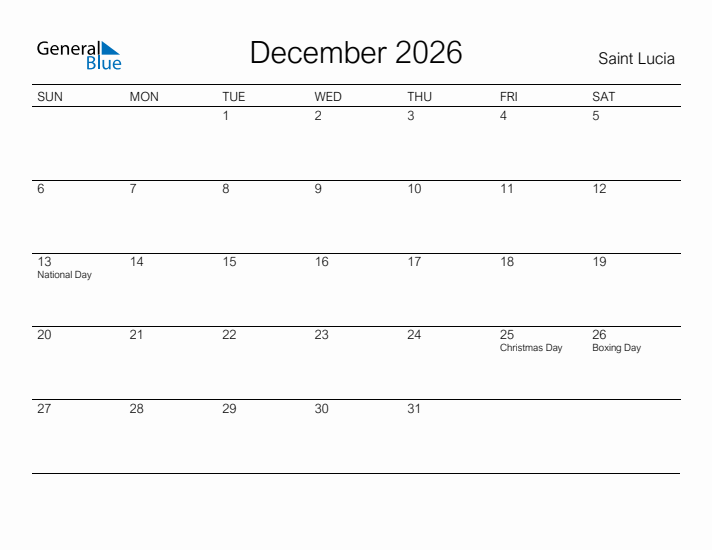 Printable December 2026 Calendar for Saint Lucia