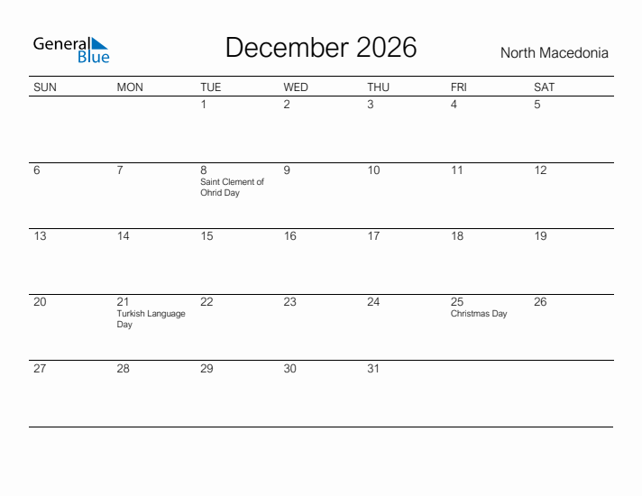Printable December 2026 Calendar for North Macedonia