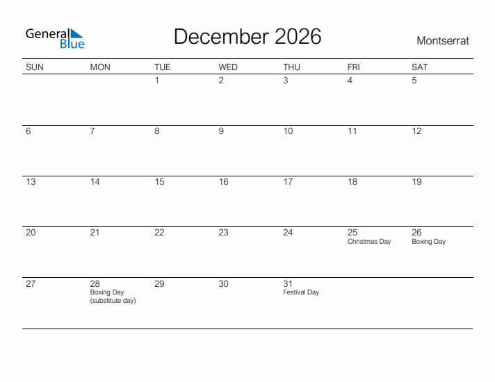Printable December 2026 Calendar for Montserrat