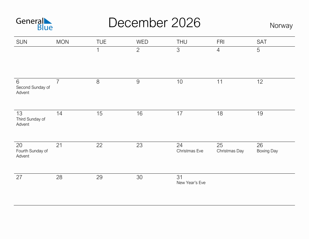 Printable December 2026 Monthly Calendar with Holidays for Norway