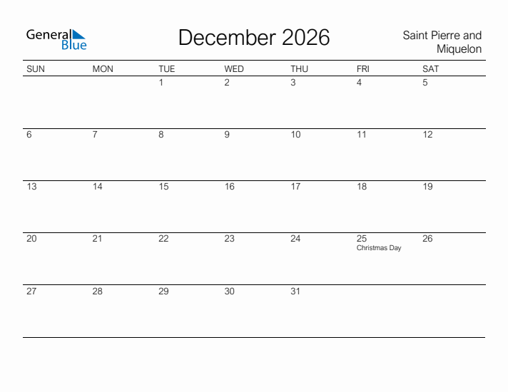 Printable December 2026 Calendar for Saint Pierre and Miquelon
