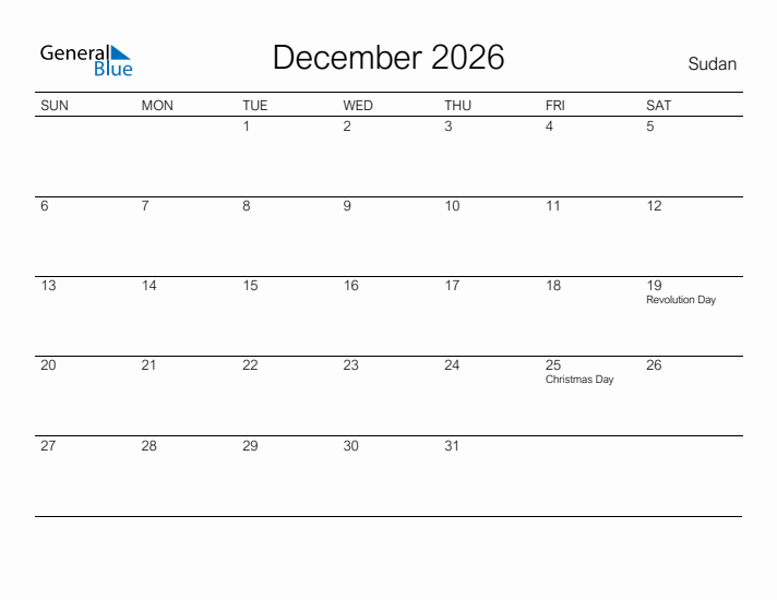Printable December 2026 Calendar for Sudan