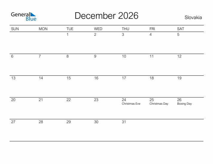 Printable December 2026 Calendar for Slovakia