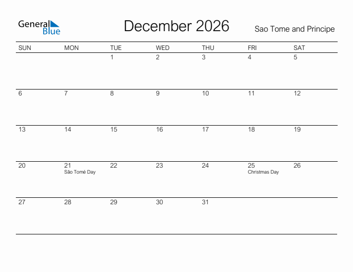 Printable December 2026 Calendar for Sao Tome and Principe