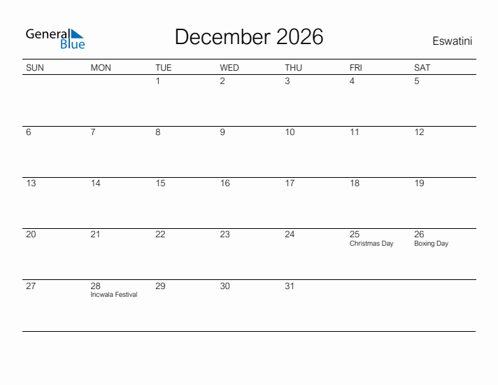 Printable December 2026 Calendar for Eswatini