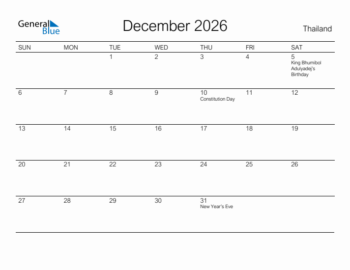 Printable December 2026 Calendar for Thailand