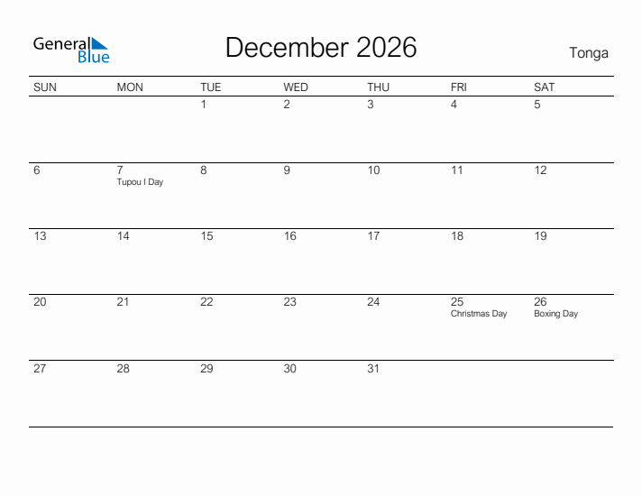 Printable December 2026 Calendar for Tonga